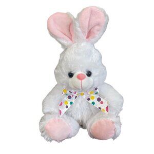 MEGA TOYS WHITE PINK BUNNY RABBIT PLUSH STUFFED ANIMAL POLKA DOT RIBBON TOY 12”